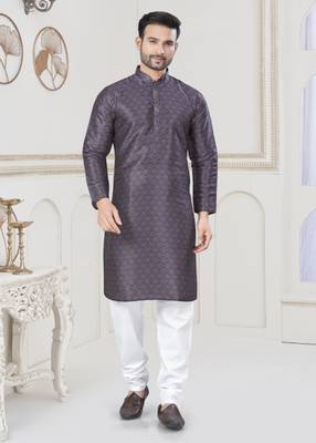 Purple jecquard with digital printed kurta payjama for mens wear 1