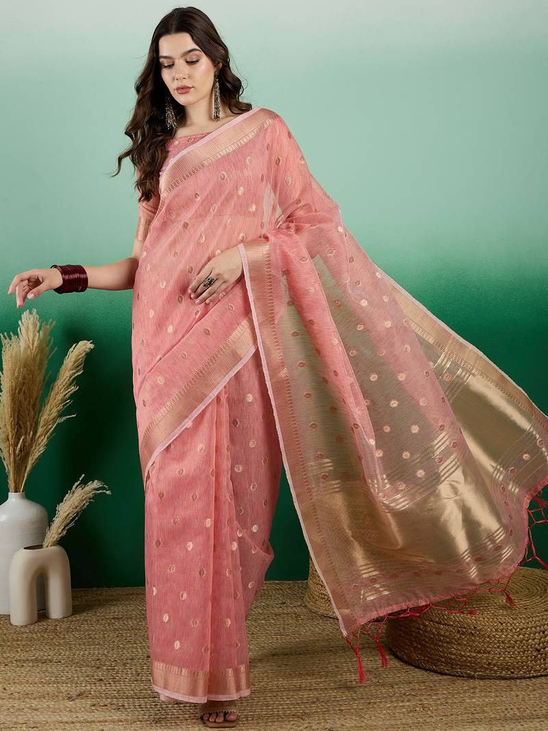 peach Khadi Organza Saree with Blouse