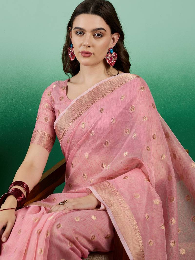 pink Khadi Organza Saree with Blouse