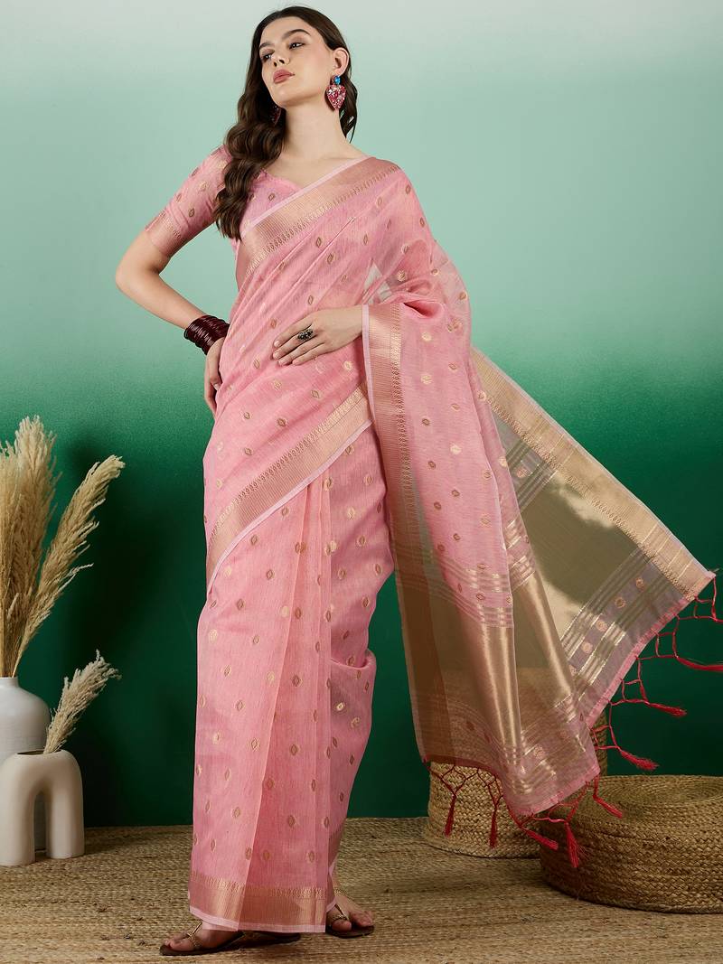 pink Khadi Organza Saree with Blouse