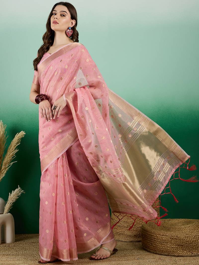 pink Khadi Organza Saree with Blouse