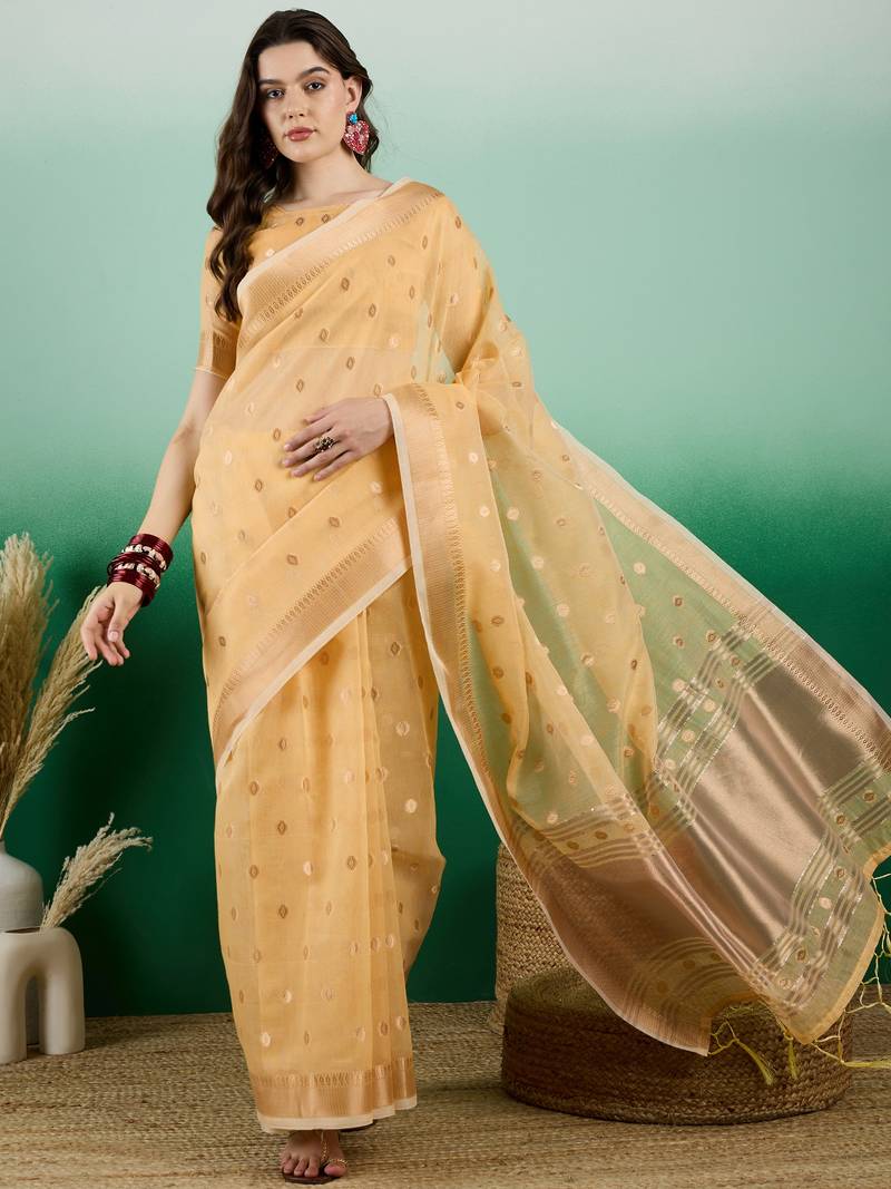 yellow Khadi Organza Saree with Blouse