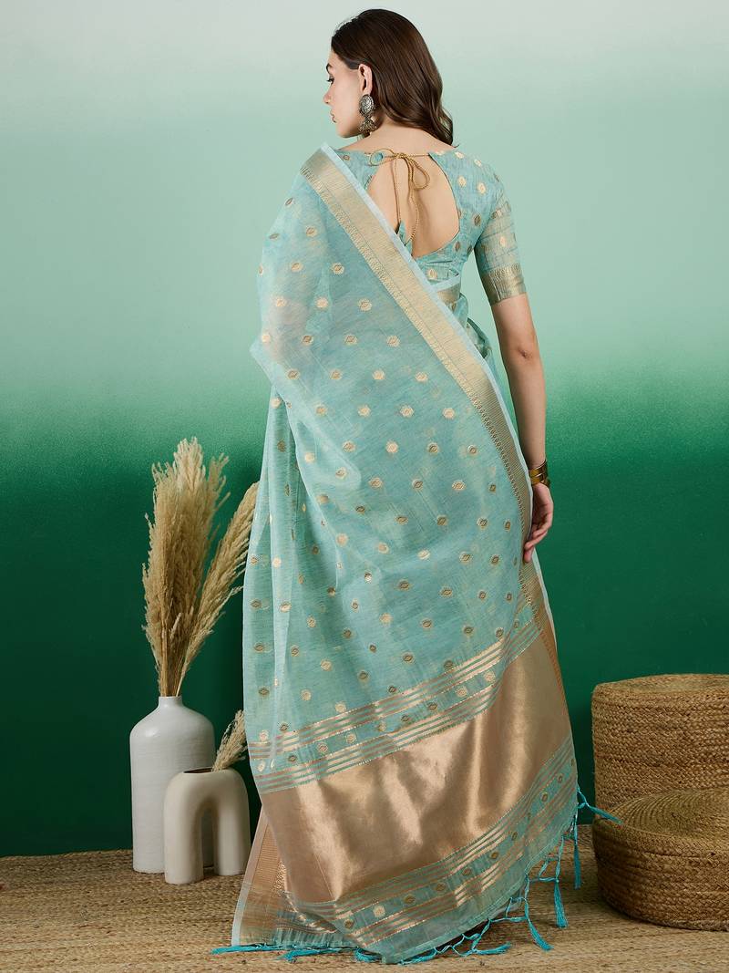 blue Khadi Organza Saree with Blouse