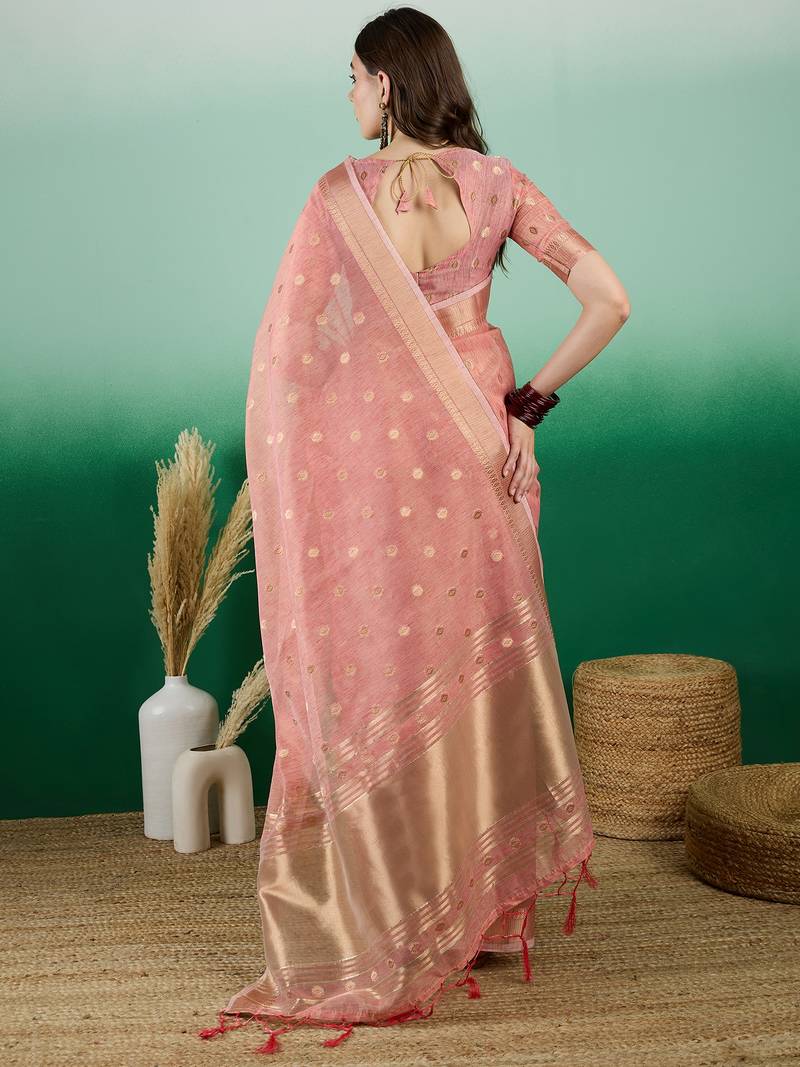peach Khadi Organza Saree with Blouse
