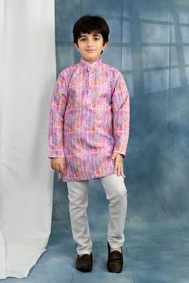 Pink crochet Jaipurian printed kurta and pyjama set for boys 1