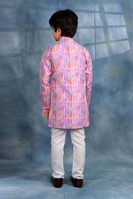 Pink crochet Jaipurian printed kurta and pyjama set for boys 2