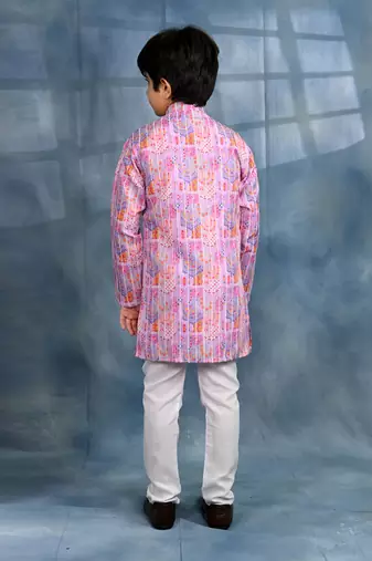 Pink crochet Jaipurian printed kurta and pyjama set for boys