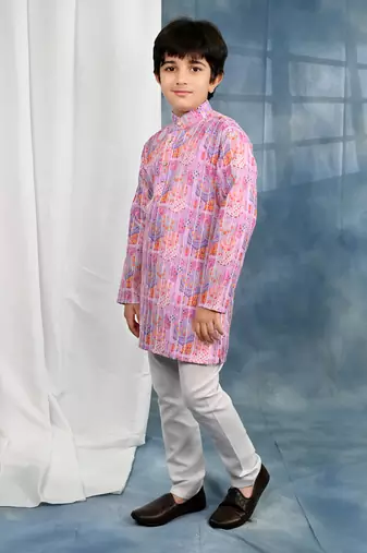 Pink crochet Jaipurian printed kurta and pyjama set for boys