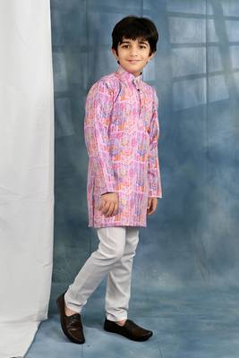 Pink crochet Jaipurian printed kurta and pyjama set for boys 4