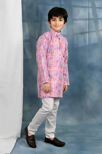 Pink crochet Jaipurian printed kurta and pyjama set for boys