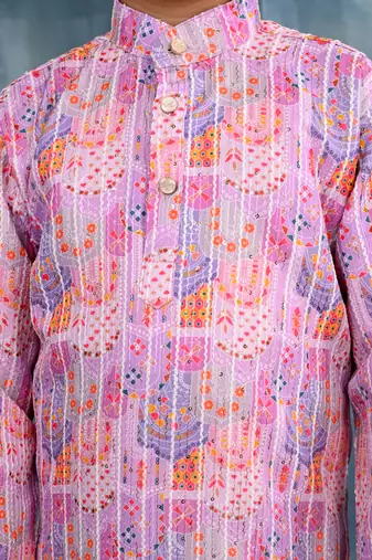Pink crochet Jaipurian printed kurta and pyjama set for boys