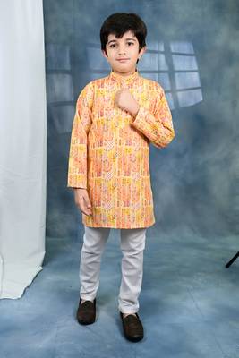yellow crochet Jaipurian printed kurta and pyjama set for boys 1