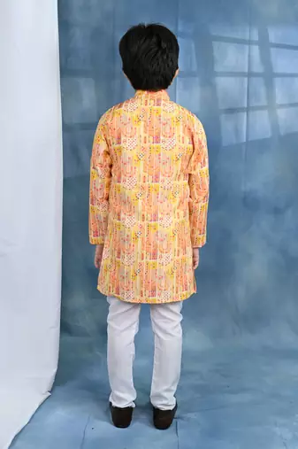 yellow crochet Jaipurian printed kurta and pyjama set for boys