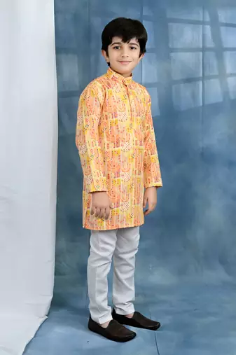 yellow crochet Jaipurian printed kurta and pyjama set for boys