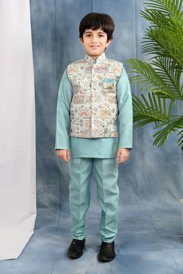 light blue solid threadwork embroidered kurta pyjama and waistcoat for boys 1