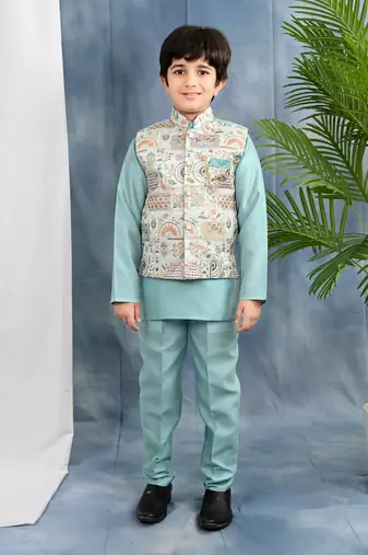 light blue solid threadwork embroidered kurta pyjama and waistcoat for boys
