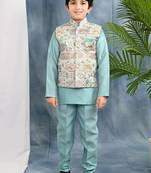 light blue solid threadwork embroidered kurta pyjama and waistcoat for boys