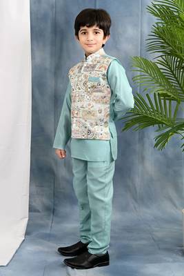 light blue solid threadwork embroidered kurta pyjama and waistcoat for boys 3