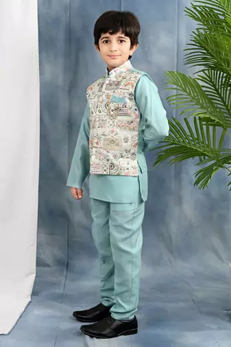light blue solid threadwork embroidered kurta pyjama and waistcoat for boys