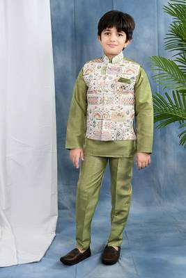 olive green solid threadwork embroidered kurta & pyjama and waistcoat for boys 1