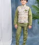 olive green solid threadwork embroidered kurta & pyjama and waistcoat for boys