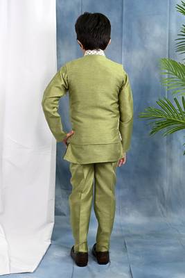 olive green solid threadwork embroidered kurta & pyjama and waistcoat for boys 2