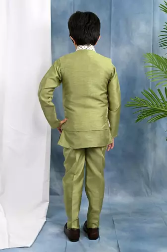 olive green solid threadwork embroidered kurta & pyjama and waistcoat for boys