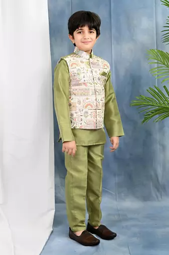 olive green solid threadwork embroidered kurta & pyjama and waistcoat for boys