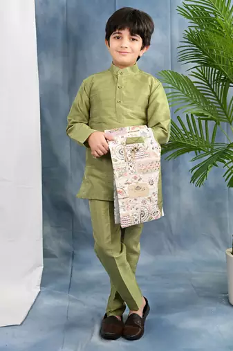 olive green solid threadwork embroidered kurta & pyjama and waistcoat for boys