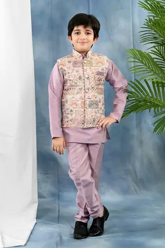 Purple solid threadwork embroidered kurta pyjama and waistcoat for boys