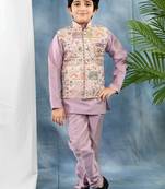 Purple solid threadwork embroidered kurta pyjama and waistcoat for boys