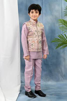Purple solid threadwork embroidered kurta pyjama and waistcoat for boys 3