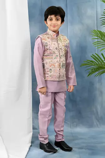 Purple solid threadwork embroidered kurta pyjama and waistcoat for boys