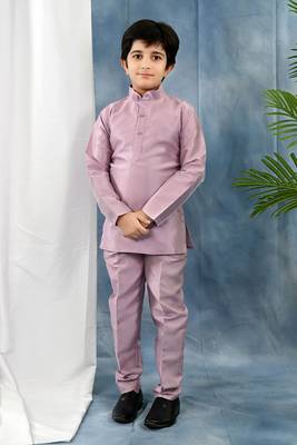 Purple solid threadwork embroidered kurta pyjama and waistcoat for boys 4