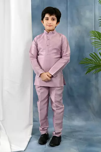 Purple solid threadwork embroidered kurta pyjama and waistcoat for boys