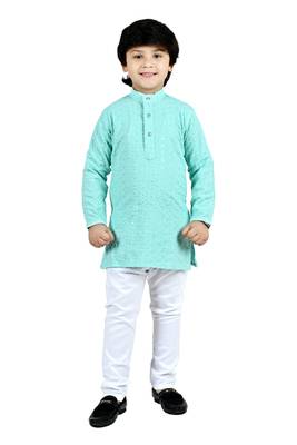 Green viscose chikankari embroidered sequins kurta and pyjama set for boys 1