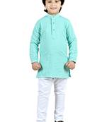Green viscose chikankari embroidered sequins kurta and pyjama set for boys