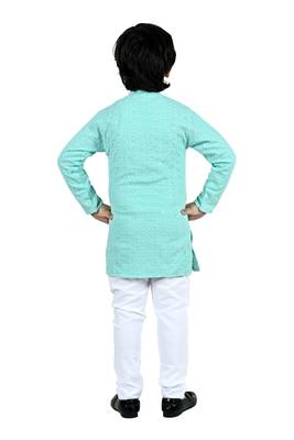 Green viscose chikankari embroidered sequins kurta and pyjama set for boys 2