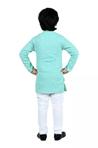Green viscose chikankari embroidered sequins kurta and pyjama set for boys