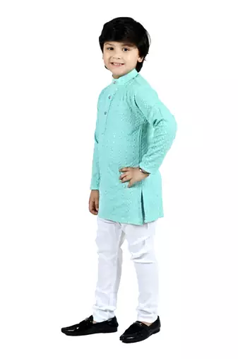 Green viscose chikankari embroidered sequins kurta and pyjama set for boys