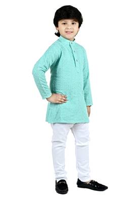 Green viscose chikankari embroidered sequins kurta and pyjama set for boys 4
