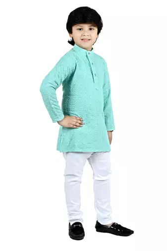 Green viscose chikankari embroidered sequins kurta and pyjama set for boys