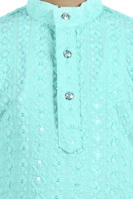 Green viscose chikankari embroidered sequins kurta and pyjama set for boys 5