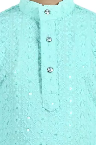 Green viscose chikankari embroidered sequins kurta and pyjama set for boys
