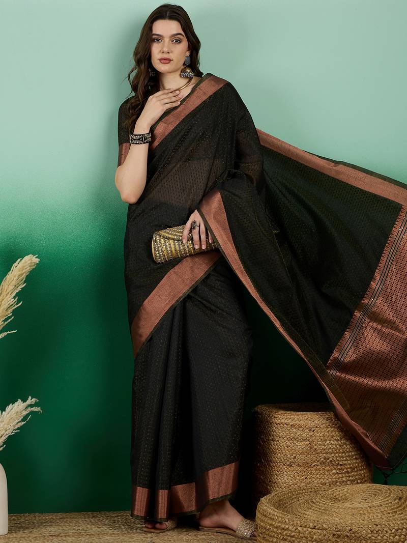black Khadi Organza Saree with Blouse