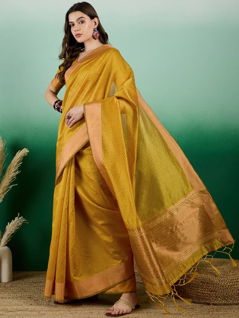 gold Khadi Organza Saree with Blouse
