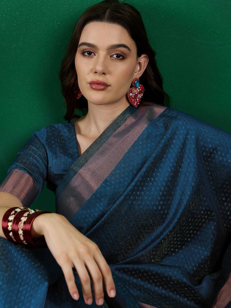 teal Khadi Organza Saree with Blouse