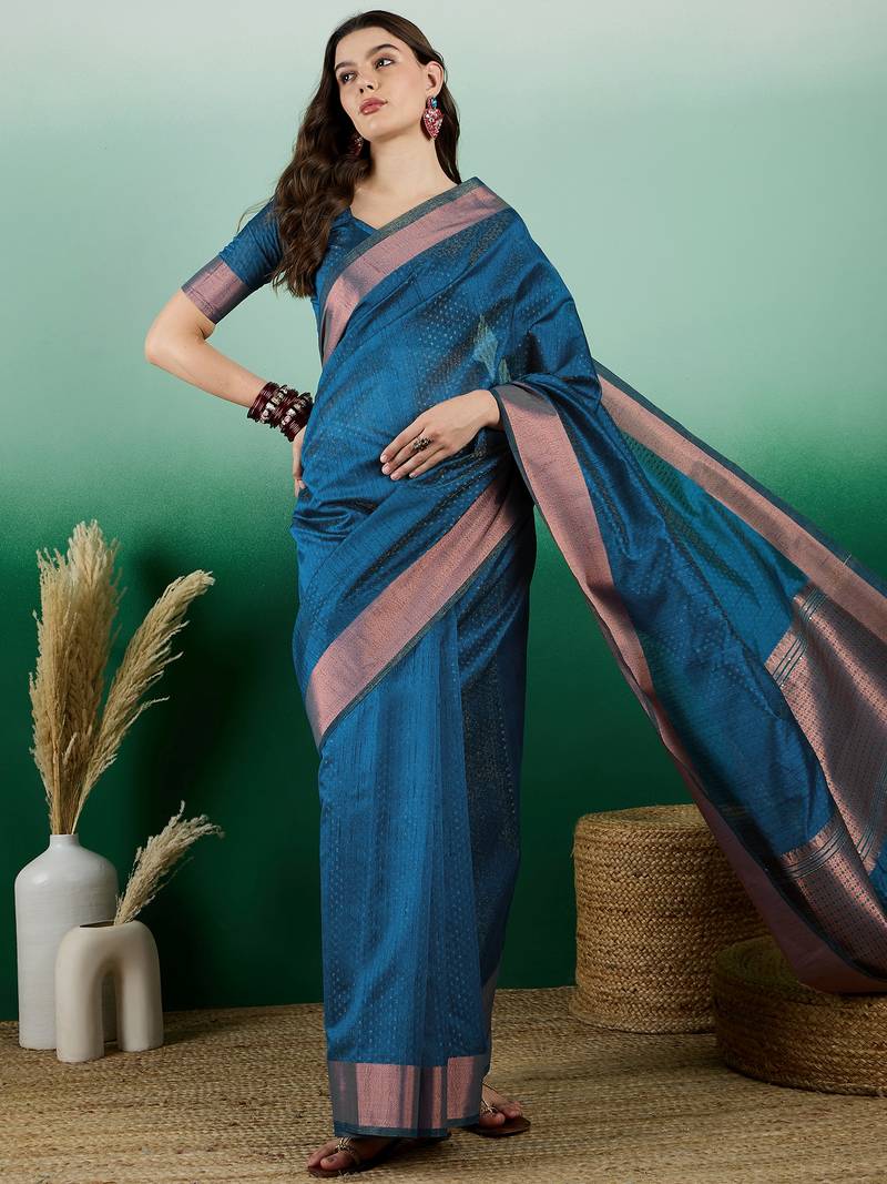 teal Khadi Organza Saree with Blouse