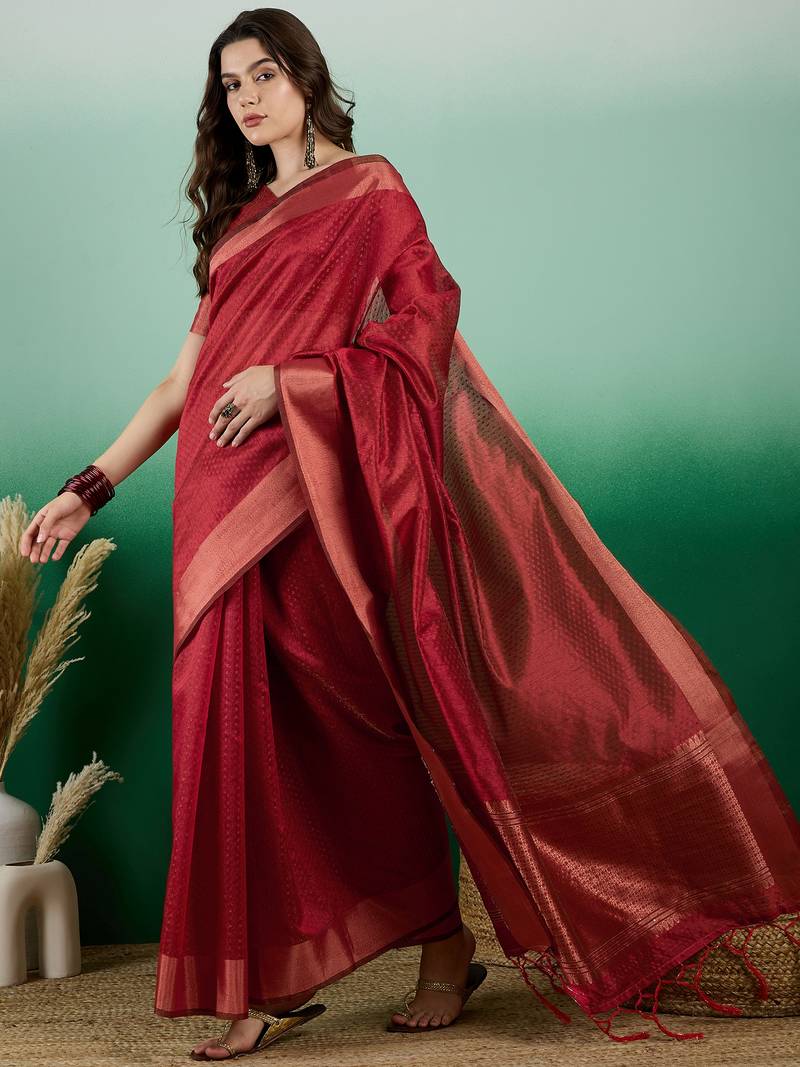 red Khadi Organza Saree with Blouse
