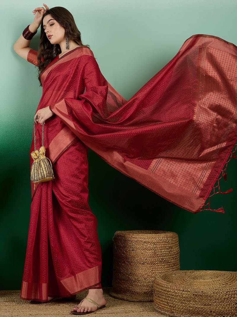 red Khadi Organza Saree with Blouse